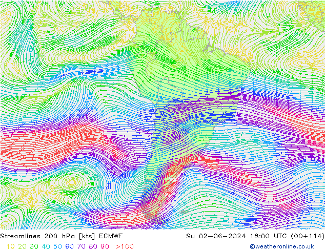 Stroomlijn 200 hPa ECMWF zo 02.06.2024 18 UTC