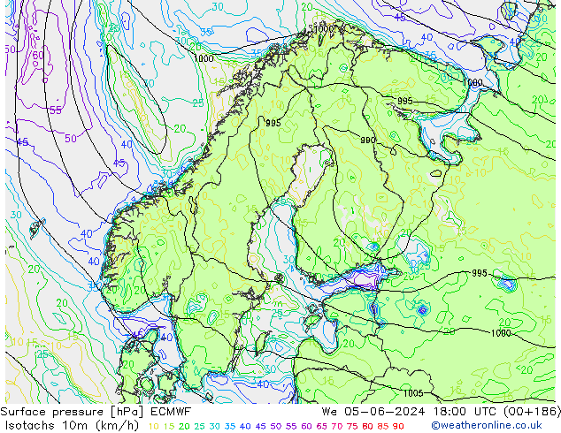 Eşrüzgar Hızları (km/sa) ECMWF Çar 05.06.2024 18 UTC