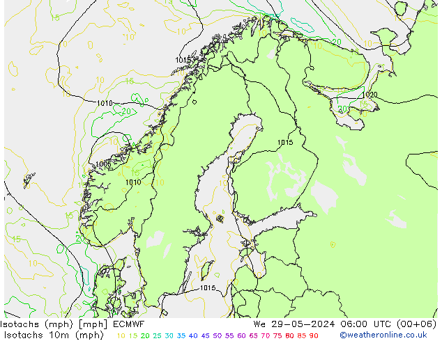 Isotachs (mph) ECMWF mer 29.05.2024 06 UTC