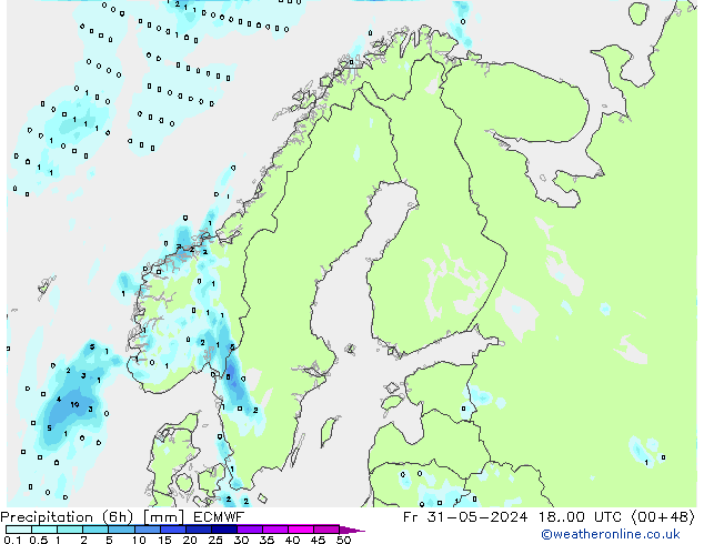 Precipitation (6h) ECMWF Fr 31.05.2024 00 UTC
