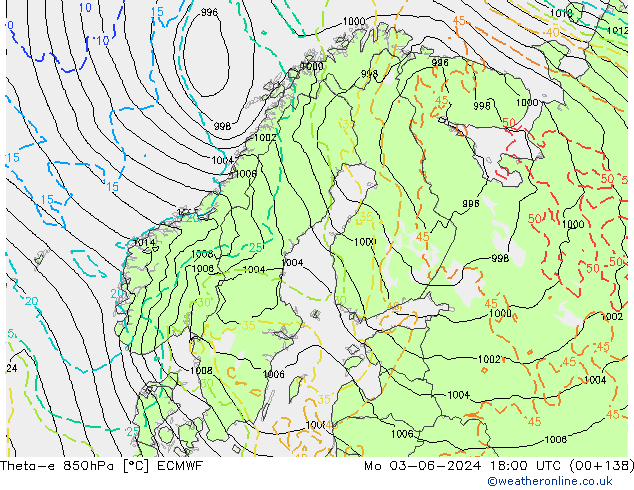 Theta-e 850hPa ECMWF lun 03.06.2024 18 UTC