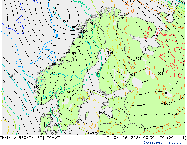 Theta-e 850hPa ECMWF Tu 04.06.2024 00 UTC