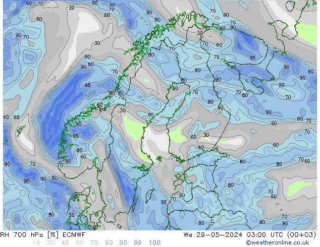 RH 700 hPa ECMWF We 29.05.2024 03 UTC