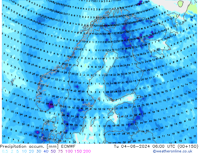 Precipitation accum. ECMWF Tu 04.06.2024 06 UTC