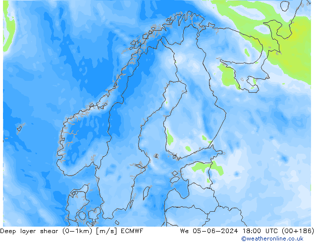 Deep layer shear (0-1km) ECMWF Mi 05.06.2024 18 UTC