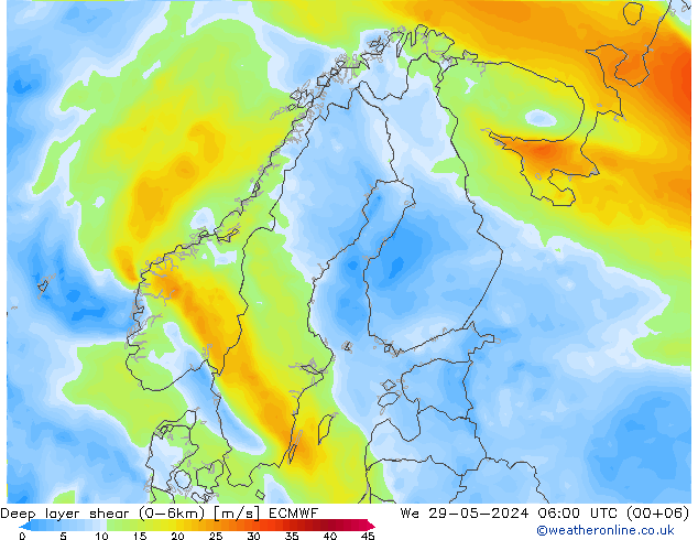 Deep layer shear (0-6km) ECMWF  29.05.2024 06 UTC