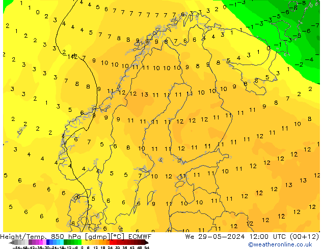 Z500/Rain (+SLP)/Z850 ECMWF Qua 29.05.2024 12 UTC