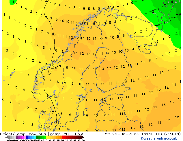 Height/Temp. 850 hPa ECMWF We 29.05.2024 18 UTC