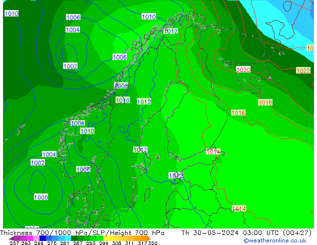 Dikte700-1000 hPa ECMWF do 30.05.2024 03 UTC