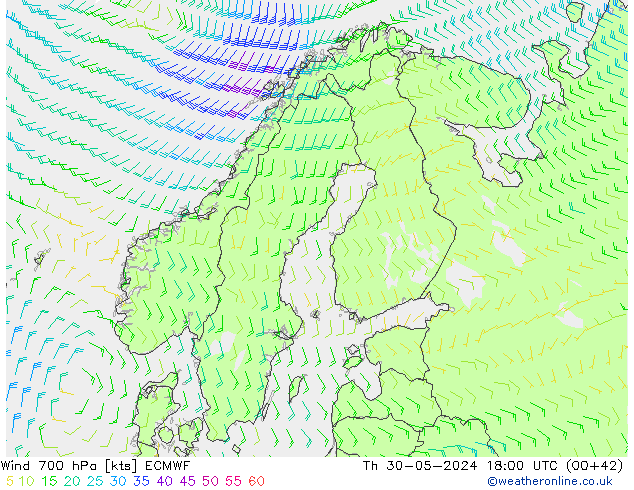 Viento 700 hPa ECMWF jue 30.05.2024 18 UTC