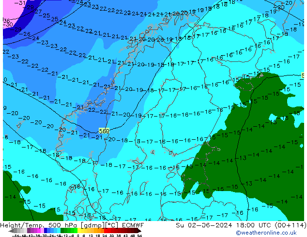 Height/Temp. 500 hPa ECMWF Su 02.06.2024 18 UTC