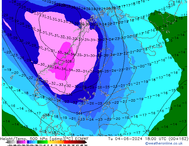 Z500/Rain (+SLP)/Z850 ECMWF wto. 04.06.2024 18 UTC