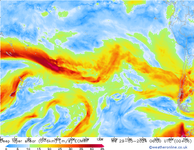 Deep layer shear (0-6km) ECMWF We 29.05.2024 06 UTC