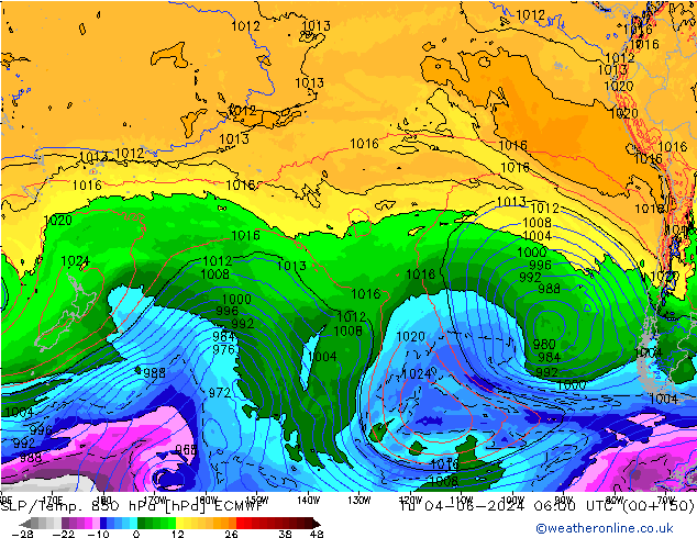 SLP/Temp. 850 hPa ECMWF Út 04.06.2024 06 UTC