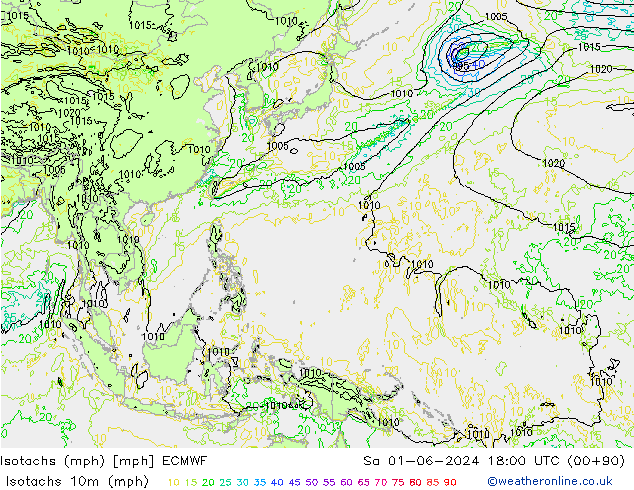 Isotachs (mph) ECMWF сб 01.06.2024 18 UTC