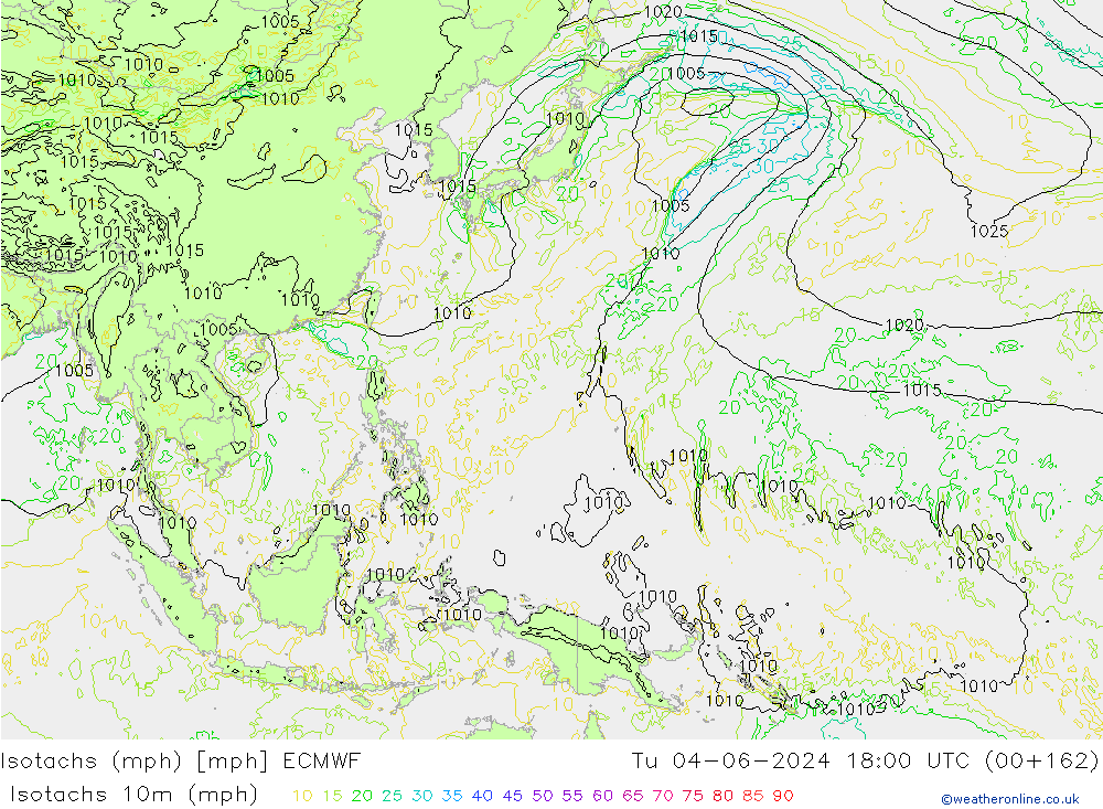 Isotachs (mph) ECMWF вт 04.06.2024 18 UTC