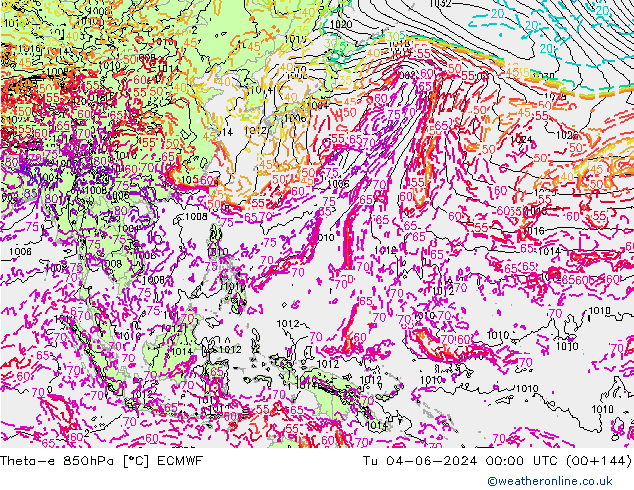 Theta-e 850hPa ECMWF Tu 04.06.2024 00 UTC