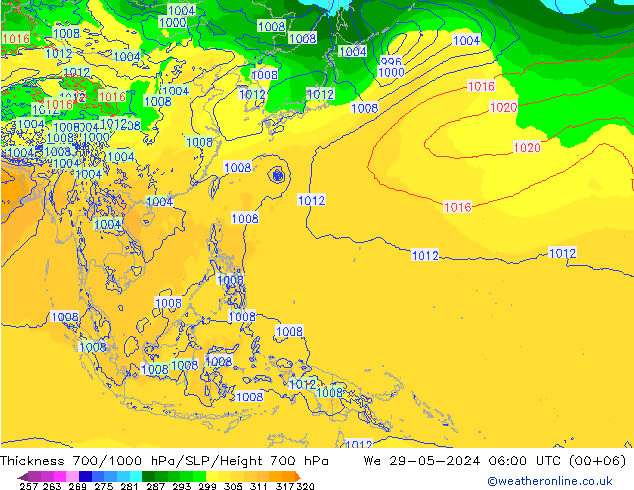 Thck 700-1000 hPa ECMWF mer 29.05.2024 06 UTC