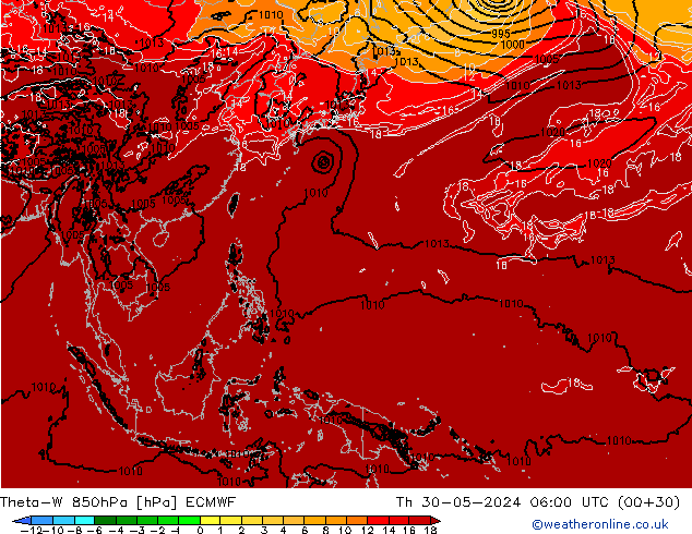 Theta-W 850hPa ECMWF jue 30.05.2024 06 UTC