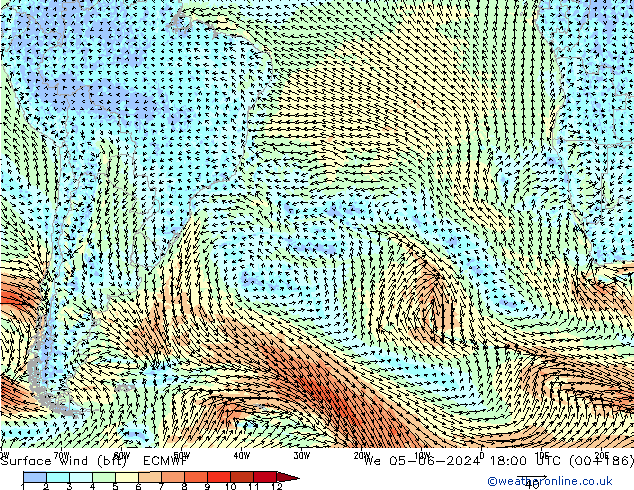 Vento 10 m (bft) ECMWF Qua 05.06.2024 18 UTC