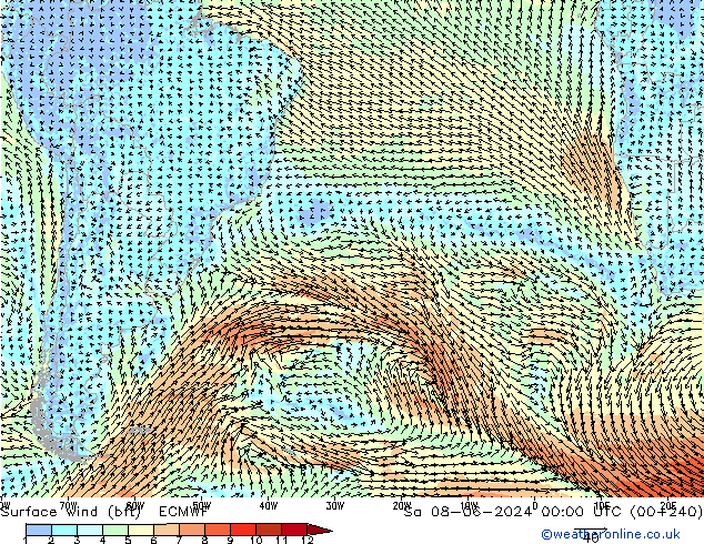 Viento 10 m (bft) ECMWF sáb 08.06.2024 00 UTC