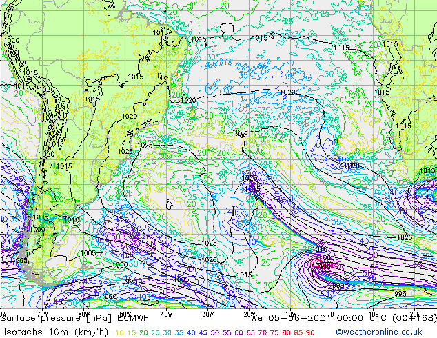 Isotachen (km/h) ECMWF wo 05.06.2024 00 UTC