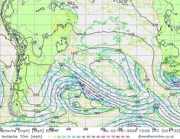 Izotacha (mph) ECMWF pon. 03.06.2024 12 UTC