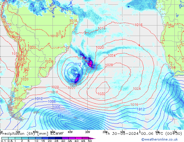 Z500/Rain (+SLP)/Z850 ECMWF Čt 30.05.2024 06 UTC