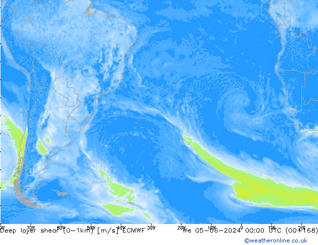 Deep layer shear (0-1km) ECMWF mer 05.06.2024 00 UTC