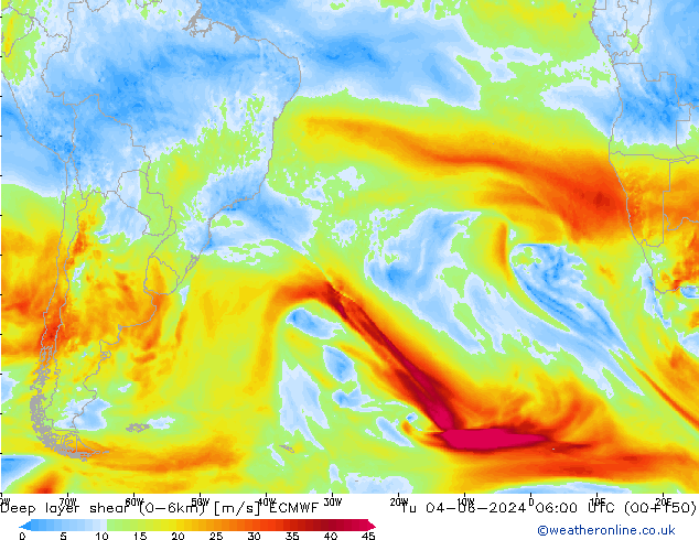 Deep layer shear (0-6km) ECMWF mar 04.06.2024 06 UTC
