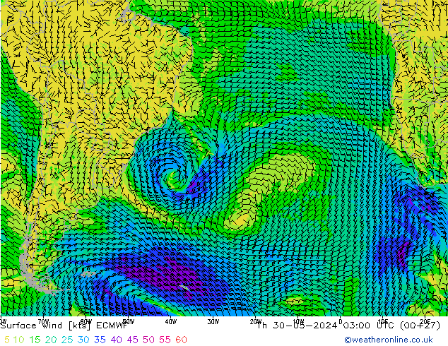 Vento 10 m ECMWF Qui 30.05.2024 03 UTC