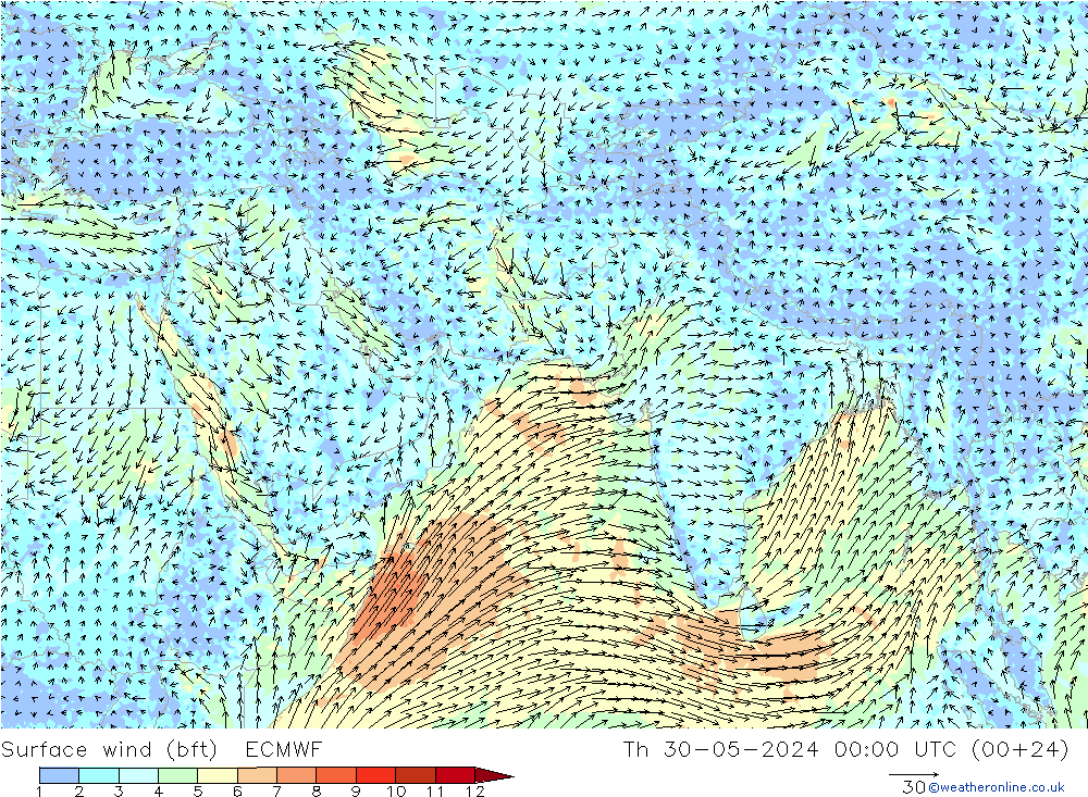 �N 10 米 (bft) ECMWF 星期四 30.05.2024 00 UTC