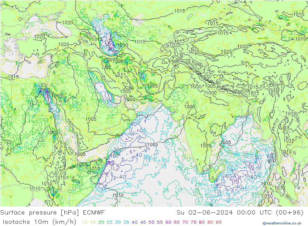 Izotacha (km/godz) ECMWF nie. 02.06.2024 00 UTC