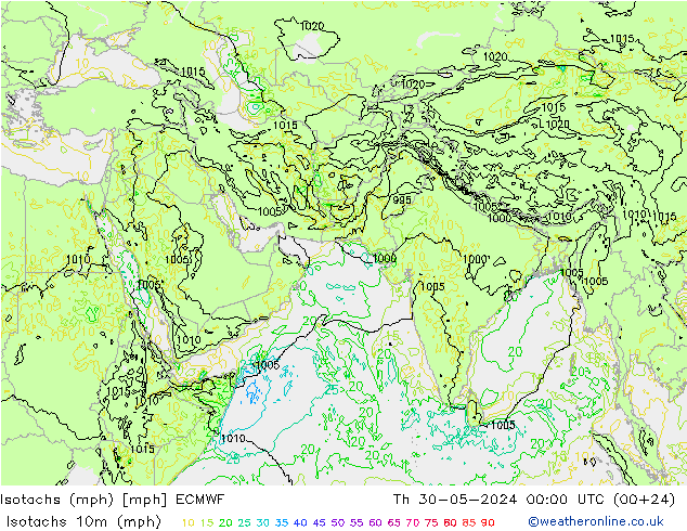 Isotachs (mph) ECMWF  30.05.2024 00 UTC