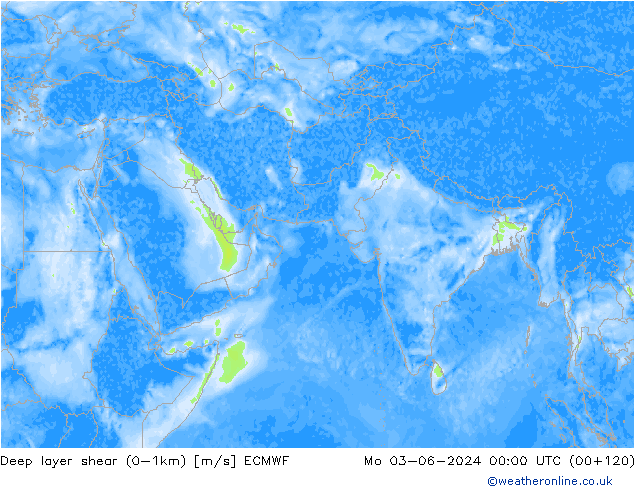 Deep layer shear (0-1km) ECMWF Po 03.06.2024 00 UTC