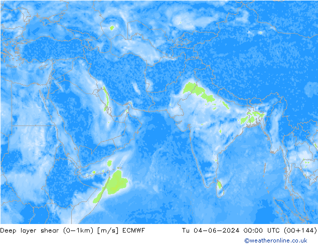 Deep layer shear (0-1km) ECMWF Út 04.06.2024 00 UTC
