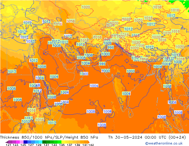 Thck 850-1000 hPa ECMWF gio 30.05.2024 00 UTC