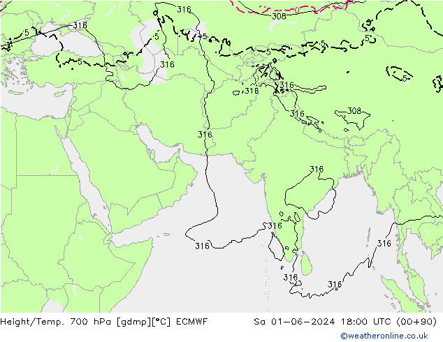 Géop./Temp. 700 hPa ECMWF sam 01.06.2024 18 UTC