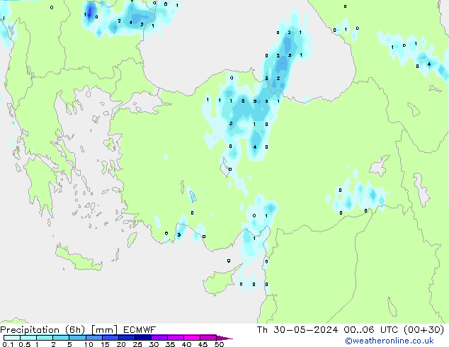 Totale neerslag (6h) ECMWF do 30.05.2024 06 UTC