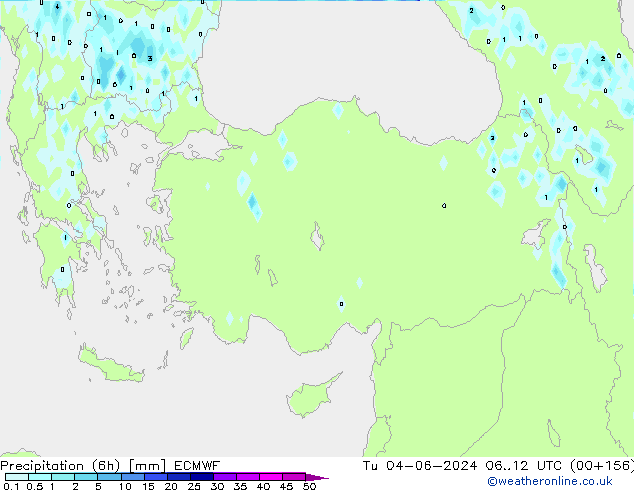 Precipitation (6h) ECMWF Út 04.06.2024 12 UTC