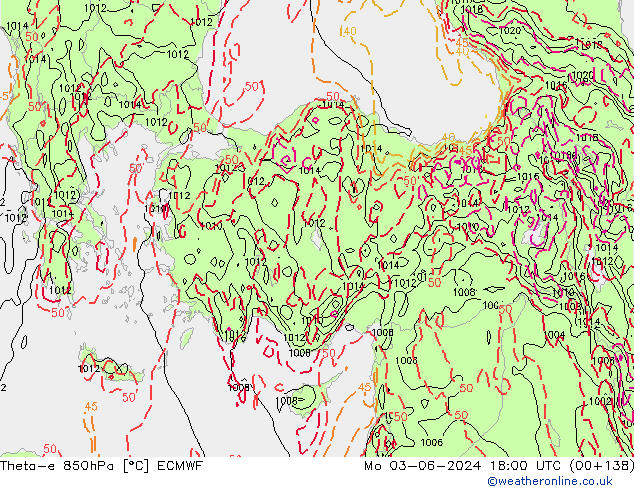 Theta-e 850hPa ECMWF Mo 03.06.2024 18 UTC