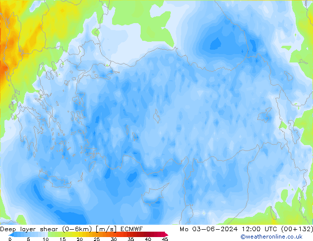 Deep layer shear (0-6km) ECMWF Mo 03.06.2024 12 UTC