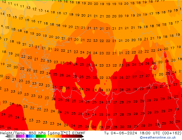 Height/Temp. 850 hPa ECMWF Tu 04.06.2024 18 UTC