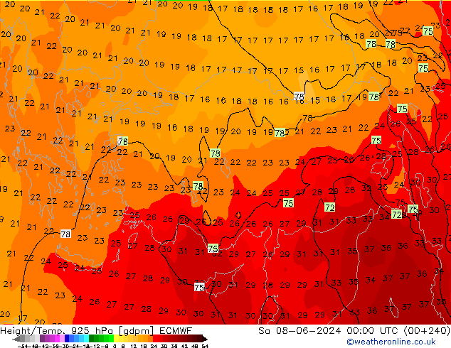 Height/Temp. 925 hPa ECMWF Sa 08.06.2024 00 UTC