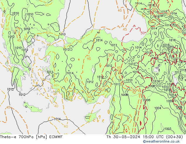 Theta-e 700hPa ECMWF czw. 30.05.2024 15 UTC