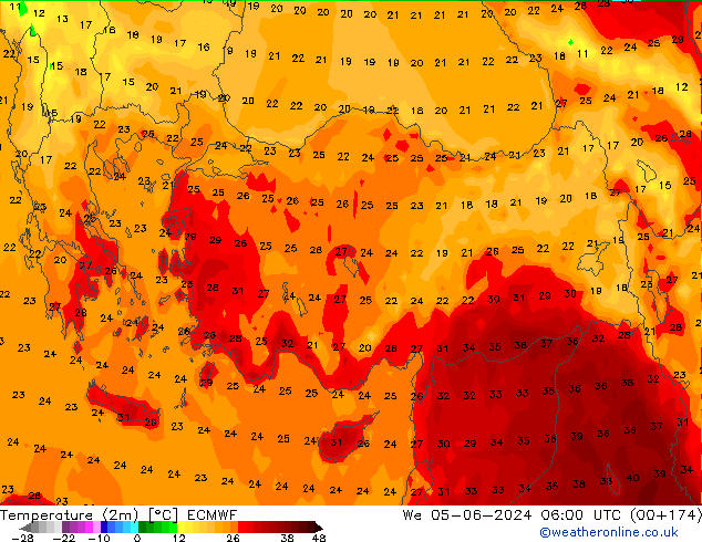 Temperaturkarte (2m) ECMWF Mi 05.06.2024 06 UTC