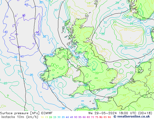 Eşrüzgar Hızları (km/sa) ECMWF Çar 29.05.2024 18 UTC