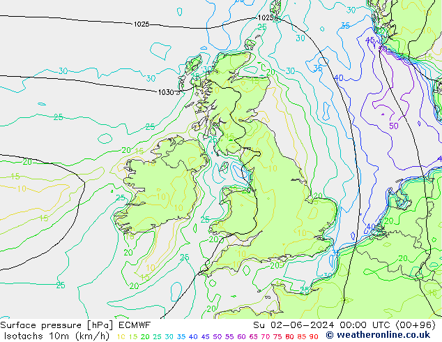 Isotachs (kph) ECMWF Ne 02.06.2024 00 UTC