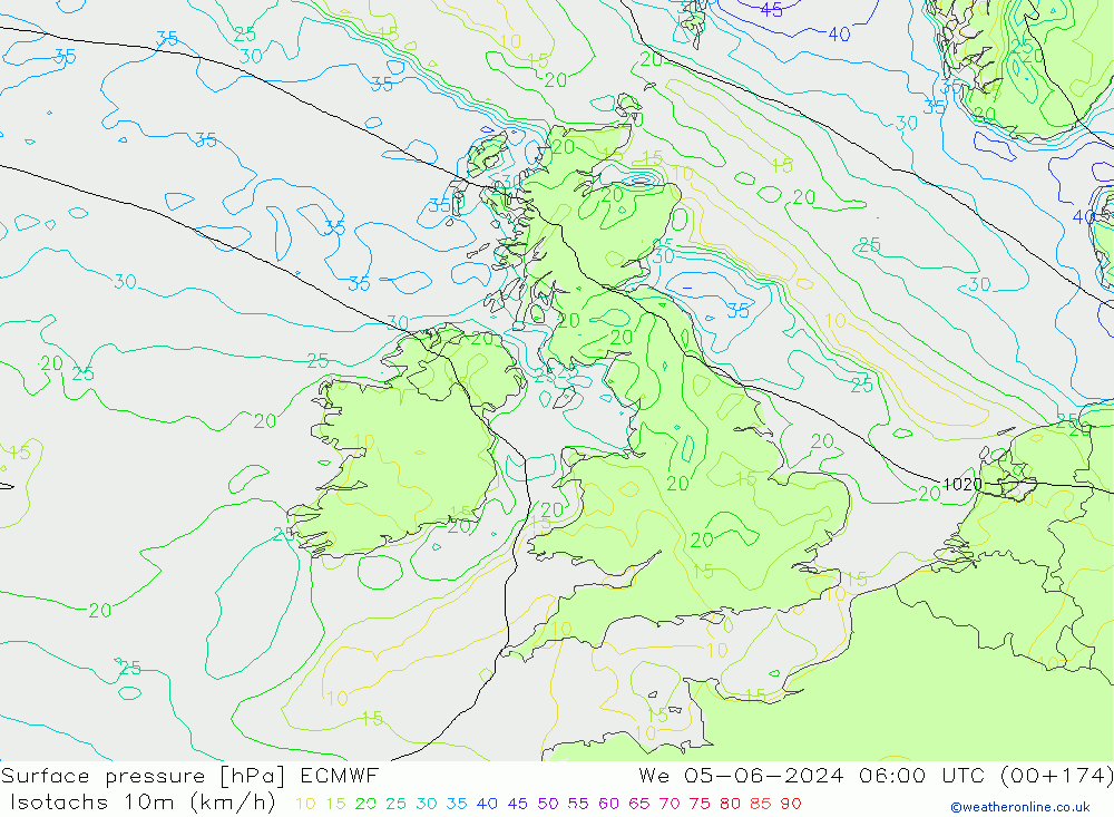 Isotachs (kph) ECMWF We 05.06.2024 06 UTC