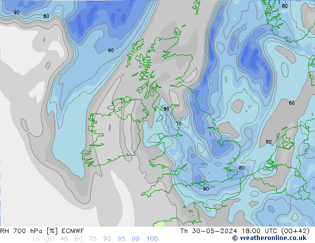 RH 700 hPa ECMWF Th 30.05.2024 18 UTC